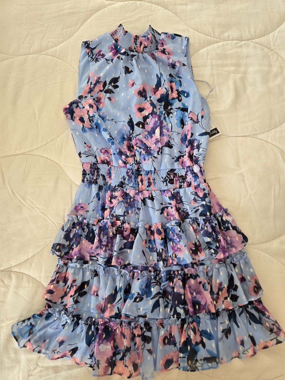 Everlily High Neck Sleeveless Ruffled Tiered Mini Dress,Pink Blue Purple, Medium